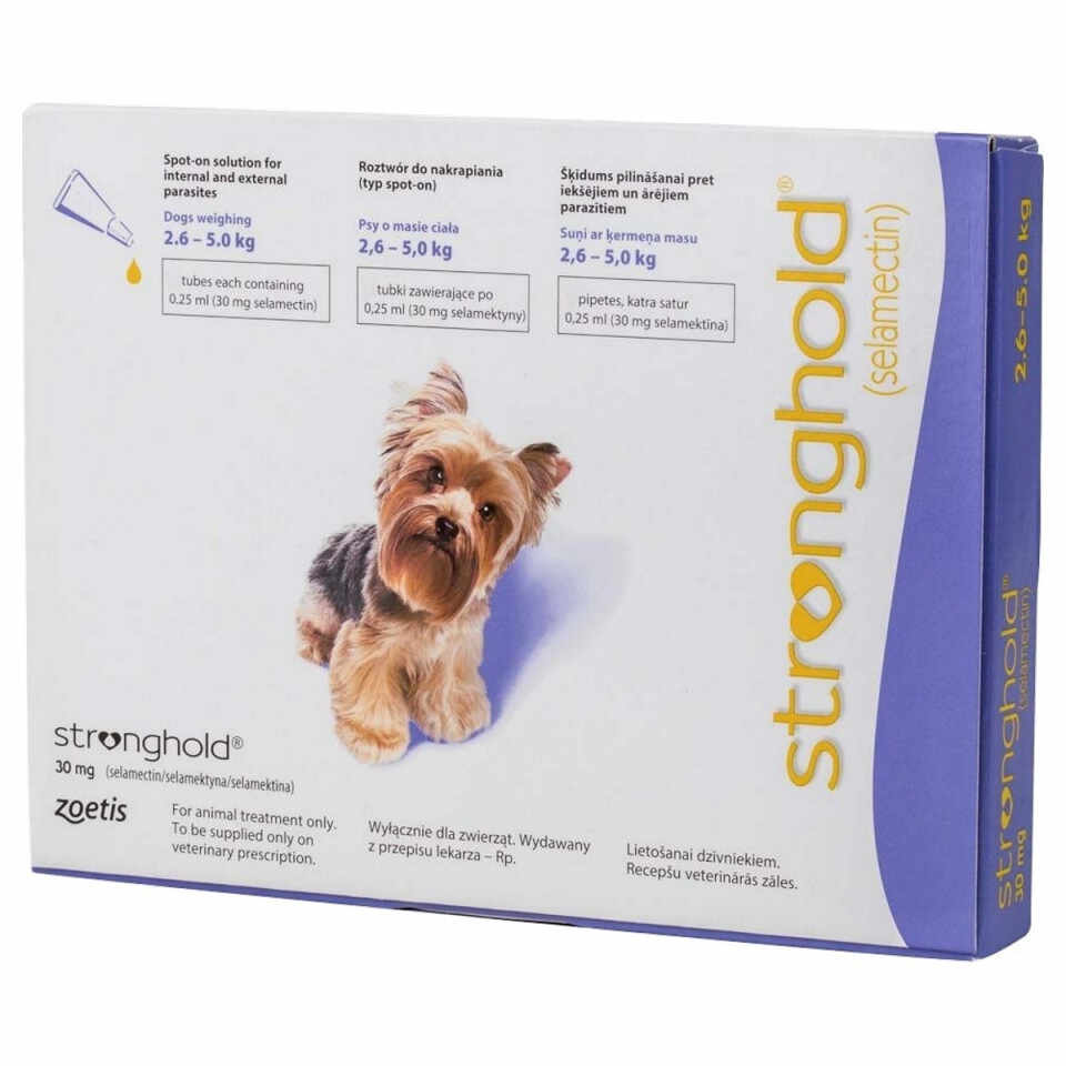 Buy Stronghold 30mg Spot-On Solution for Dogs weighing from 2.6kg to 5kg  pk3 online